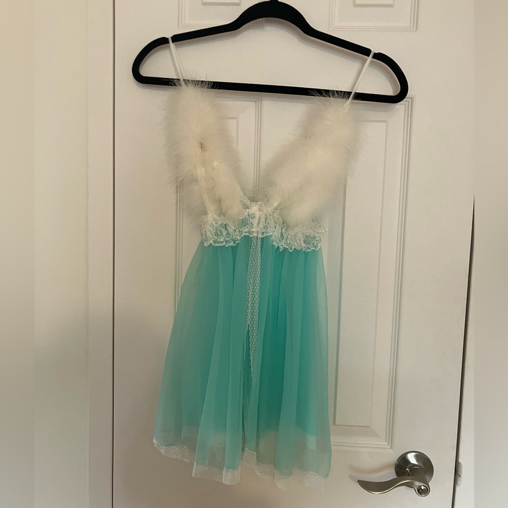 Vintage Feather and Lace Sheer Turquoise Babydoll Lingerie